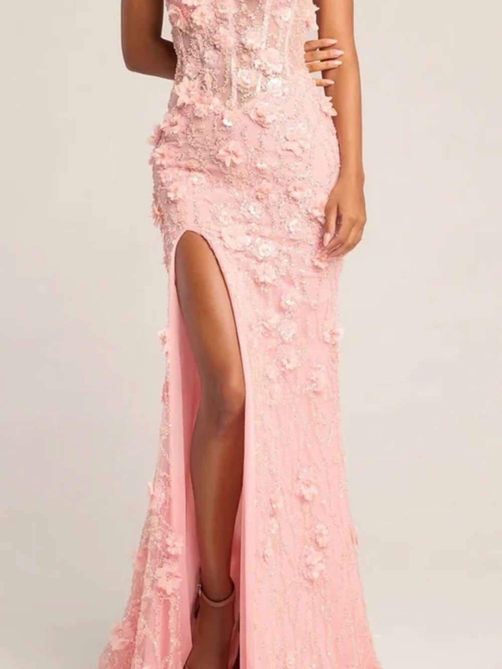 Portia and Scarlett Pink Strapless Floral-Appliqué High-Slit Wedding Gown